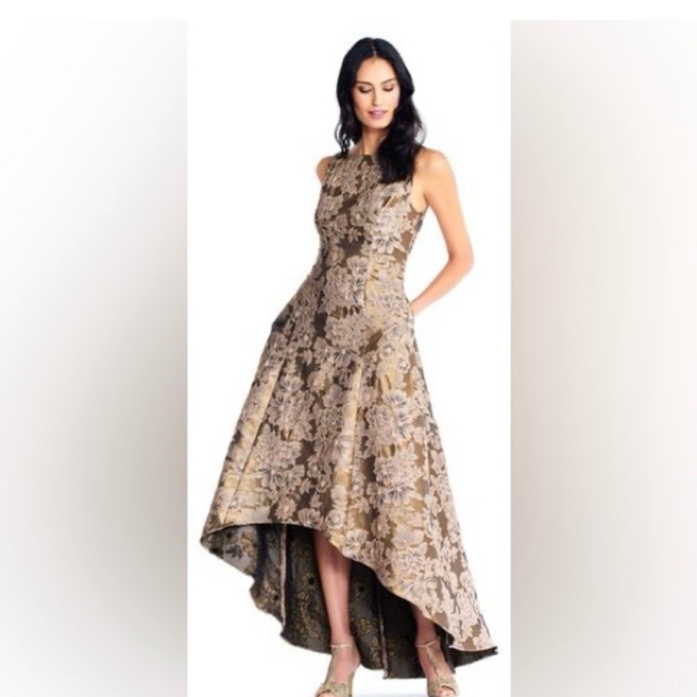 Adrianna Papell Gold Floral High Low Dress